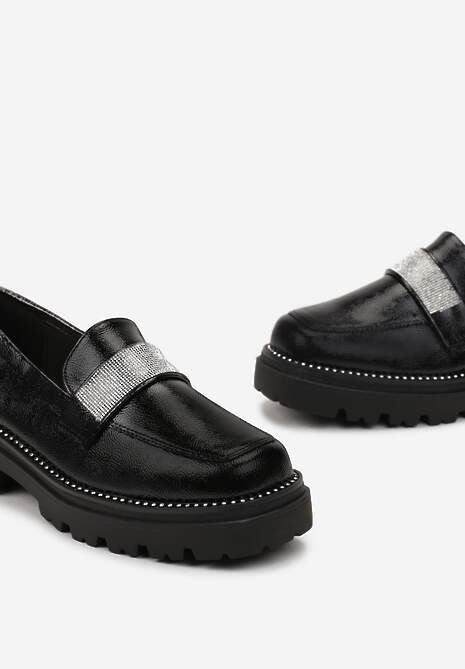 Czarne Mokasyny z Paskiem w Cyrkonie i Wkładką ze Skóry Naturalnej Gandes