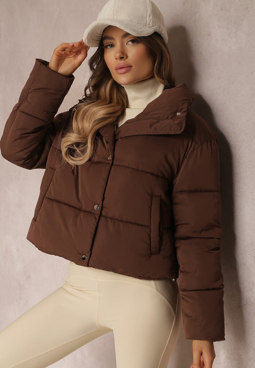 Ciemnobrązowa Kurtka Puffer Pikowana ze Stójką Maymie