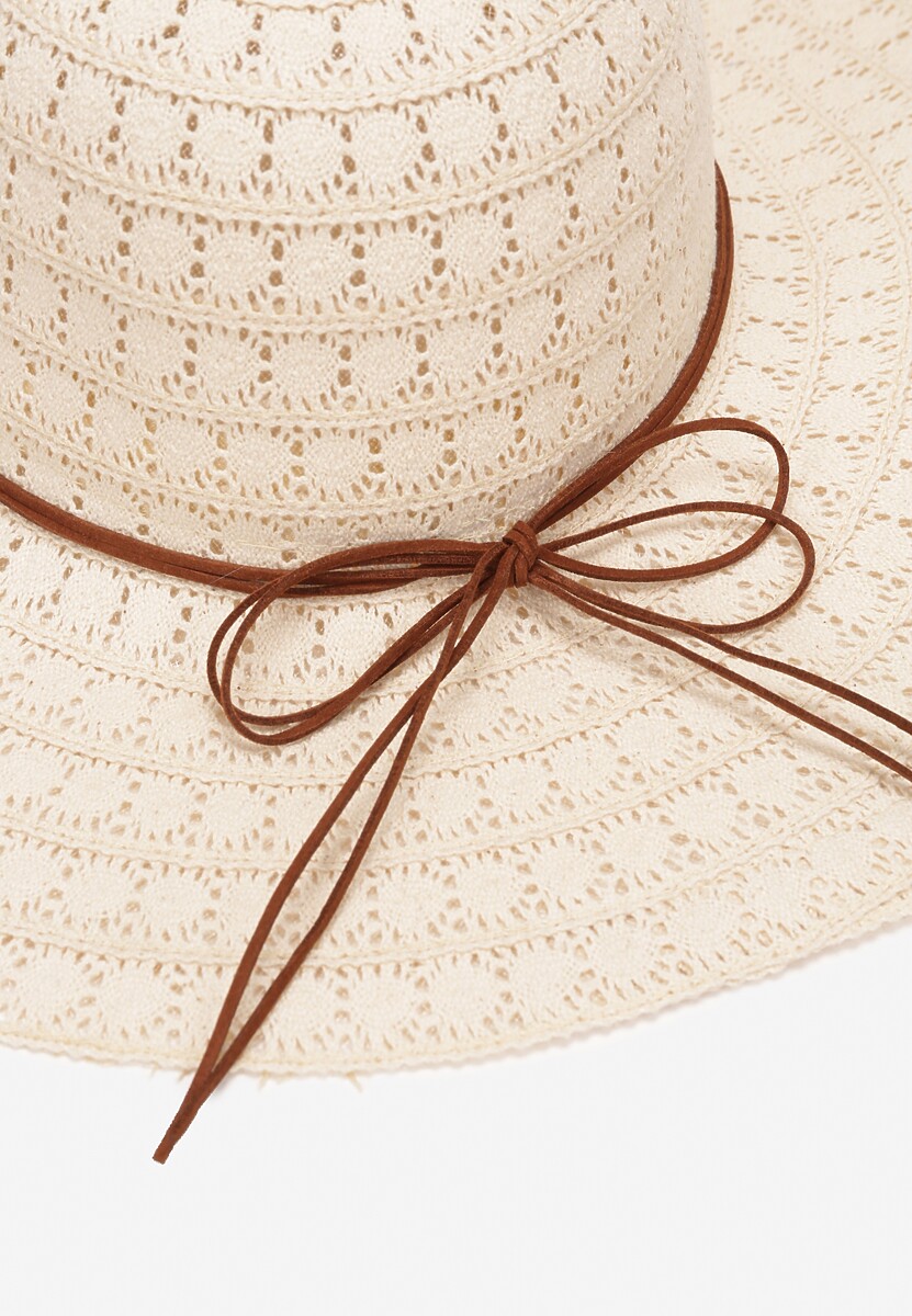 Beżowy Szeroki Kapelusz Pleciony z Ozdobnym Wiązaniem Stellan