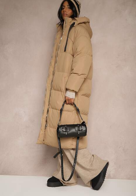 Ciemnobeżowa Długa Kurtka Pikowana Płaszcz z Kapturem Serea