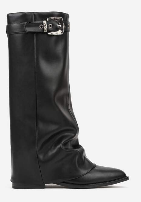 Czarne Kozaki ze Szpiczastym Noskiem i Wywiniętą Cholewką ze Sprzączką Tusenia