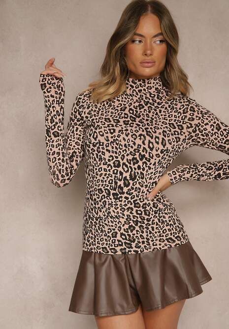 Czarno-Beżowa Bawełniana Bluzka Typu Longsleeve z Golfem w Panterkę Falarine