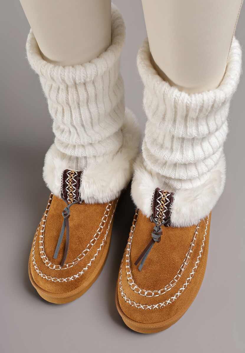 Brązowe Śniegowce na Platformie Ozdobione Haftem i Futerkiem Linedis