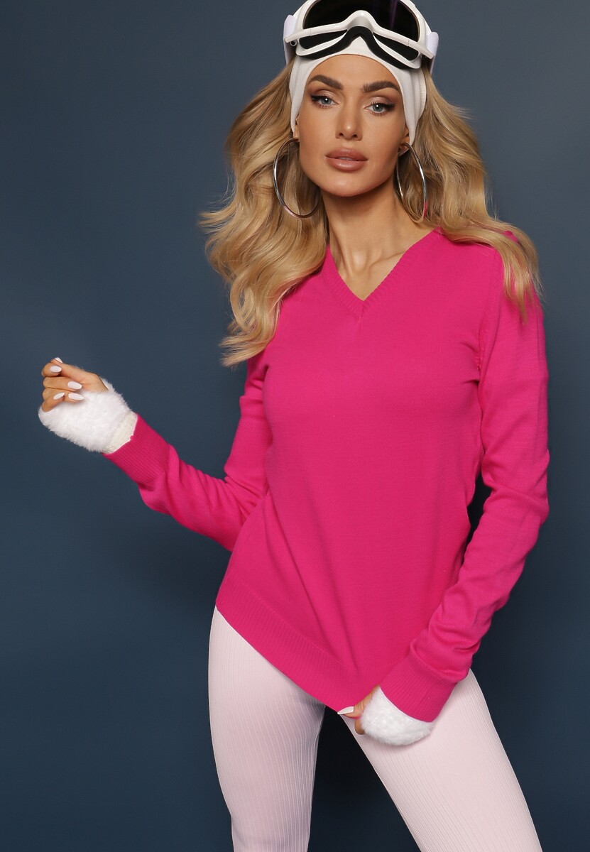 Fuksjowy Sweter w Klasycznym Stylu z Dekoltem w Serek Feliriel