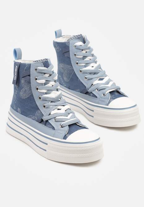 Niebieskie Trampki Jeansowe z Serduszkami na Platformie Benirea