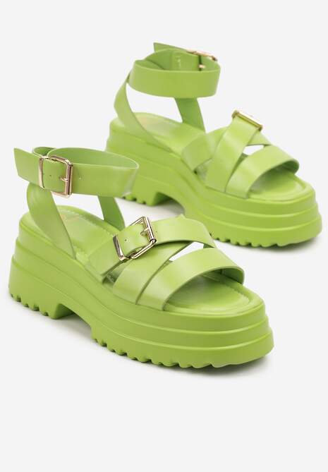 Zielone Sandały na Platformie z Ozdobnymi Klamrami Galfia