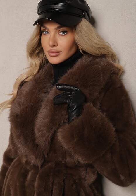 Brązowy Futrzany Płaszcz z Wiązanym Paskiem Ozdobnym Kołnierzem i Mankietami Viaressa