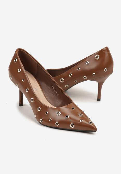 Brązowe Czółenka na Szpilce Vices Ozdobione Nitami z Wkładką ze Skóry Naturalnej Rilinessa