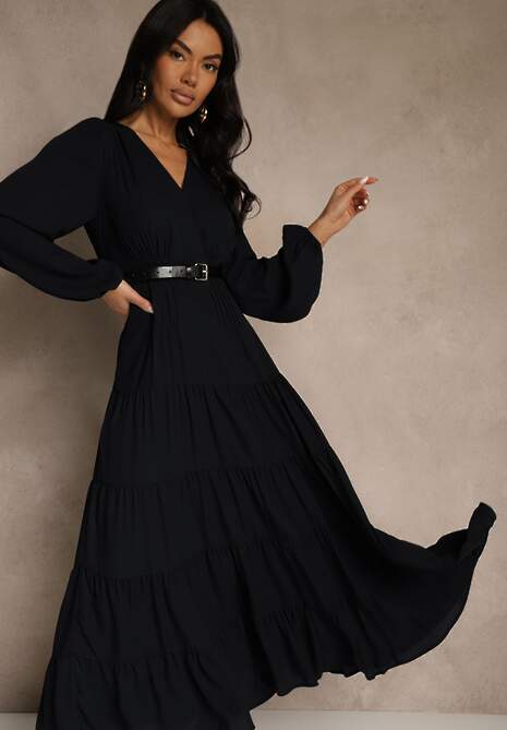 Czarna Kopertowa Sukienka Vices o Rozkloszowanym Kroju Resvima