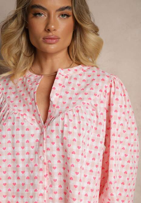 Różowa Bawełniana Koszula w Kratkę Vichy i Serduszka Halorwena