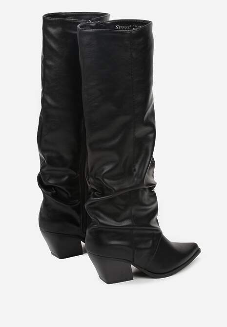 Czarne Marszczone Kozaki na Obcasie w Kształcie Stożka Atima