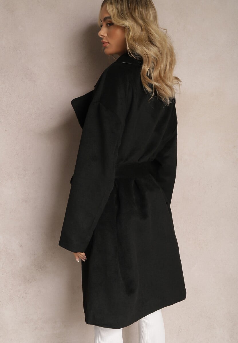 Czarny Klasyczny Płaszcz Wiązany Paskiem w Talii Aniele