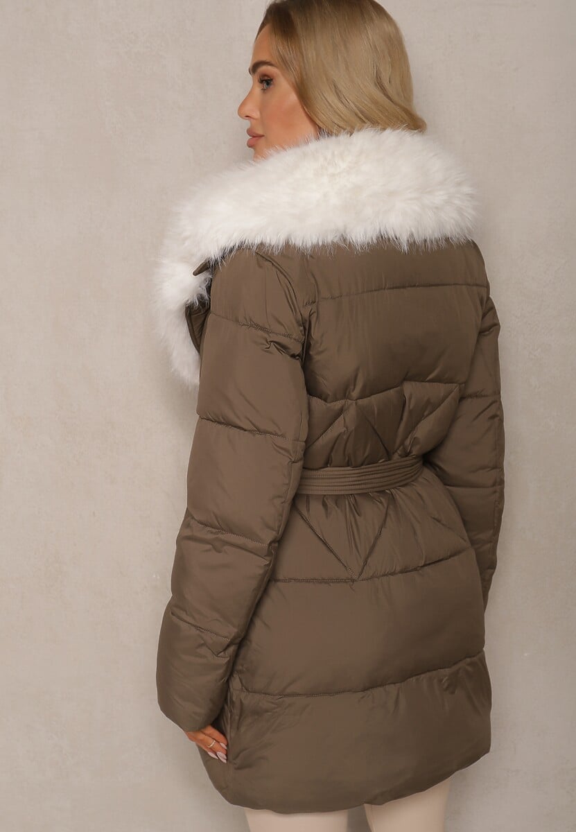 Zielona Kurtka Ozdobiona Pikowaniem Odpinanym Kołnierzem z Futerkiem i Paskiem Edanora