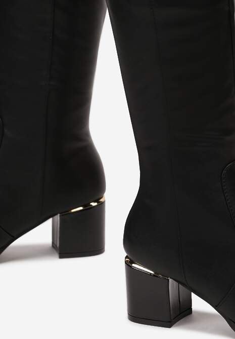 Czarne Kozaki na Słupku z Imitacji Skóry z Ozdobnym Zamkiem Lolerra