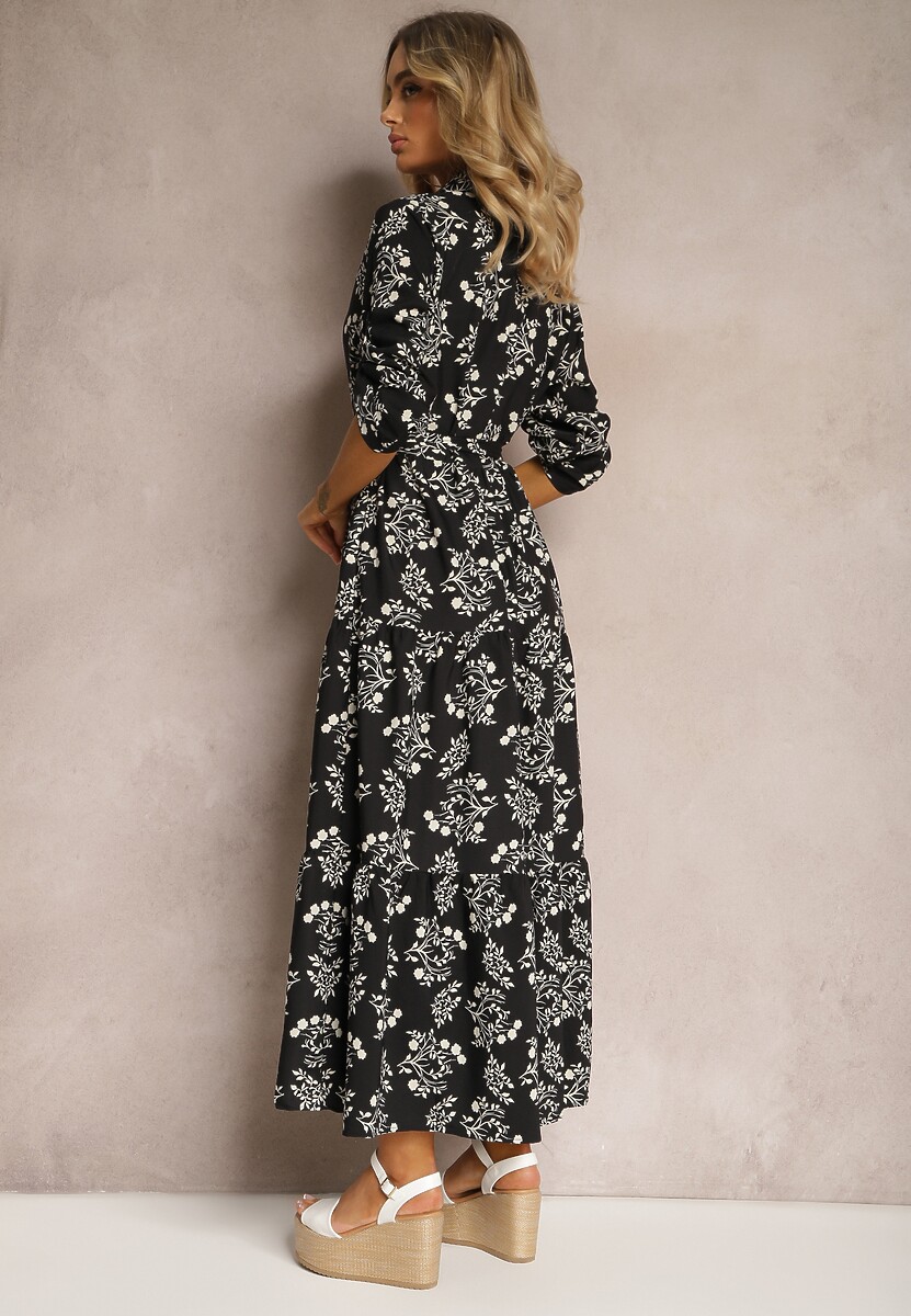 Czarna Sukienka Zapinana na Guziki z Materiałowym Paskiem i Podpinanymi Rękawami Biavenna