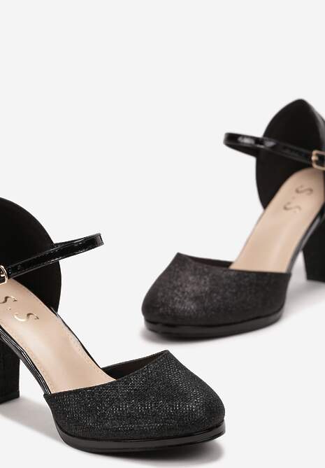 Czarne Czółenka na Słupku z Okrągłymi Noskami Ozdobione Brokatem Nerila