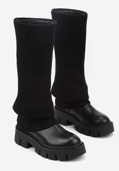 Czarne Kozaki Chunky z Dzianinową Cholewką Imitującą Nogawkę Fenema