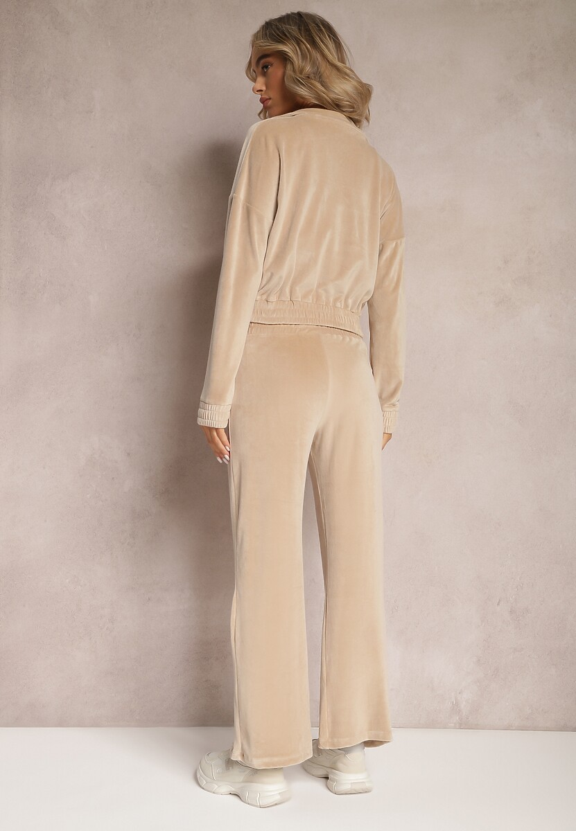 Beżowy Welurowy Komplet Dresowy z Bluzą i Spodniami Lunamea