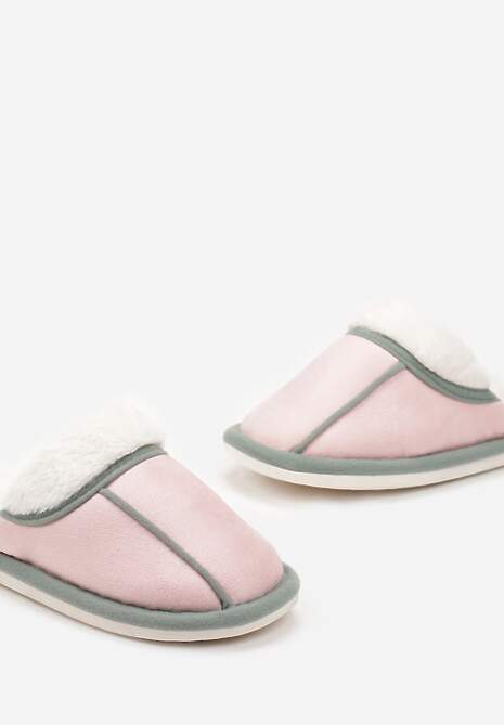 Różowe Wsuwane Kapcie z Przeszyciami Wyścielone Futerkiem Dyranthia