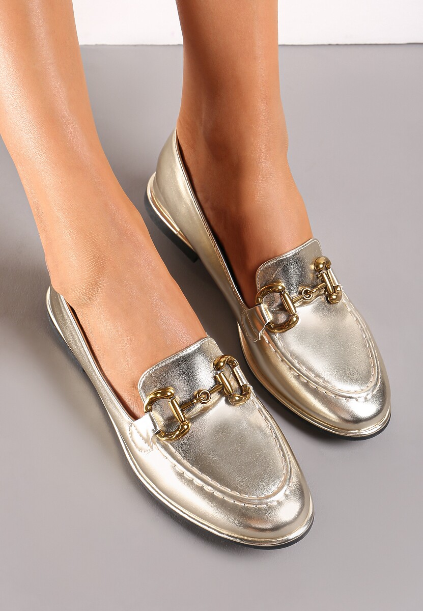 Złote Płaskie Mokasyny z Imitacji Skóry z Klamerką Marcoso