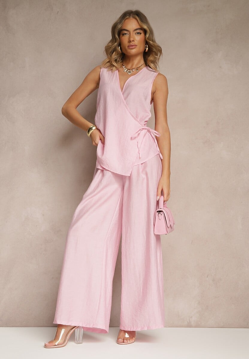 Różowy Komplet z Lnem Spodnie o Szerokim Kroju i Bluzka z Wiązaniem Idanira