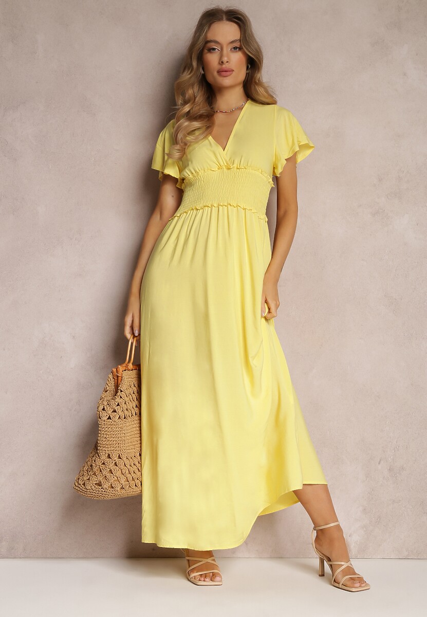 Żółta Wiskozowa Sukienka z Kopertowym Dekoltem i Gumką w Pasie Shura