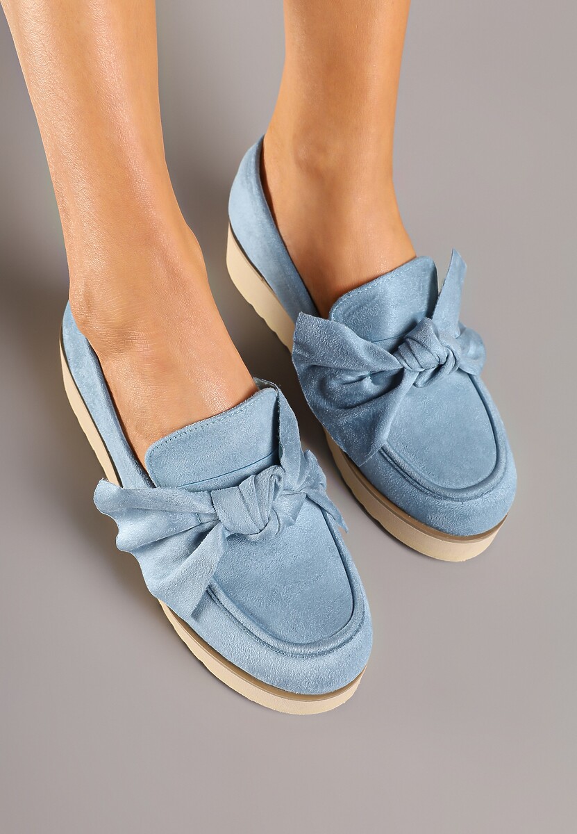 Niebieskie Mokasyny z Ekozamszu na Niskiej Platformie z Ozdobną Kokardą Nusalena