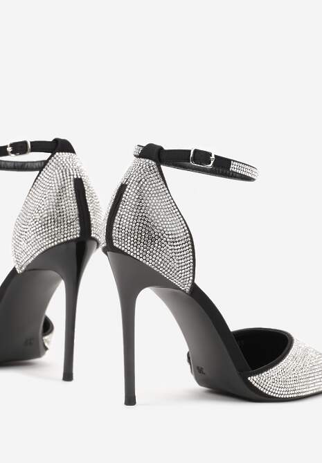 Czarne Szpilki Zdobione Cyrkoniami i Paskiem z Klamerką Eweda