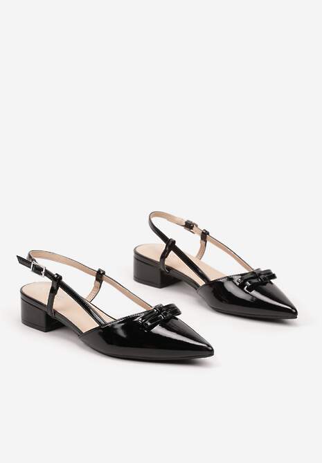 Czarne Sandały na Niskim Obcasie ze Szpiczastym Noskiem Zdobionym Kokardą Virlexia
