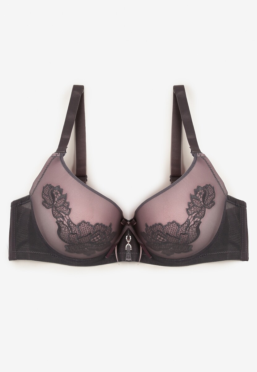 Szary Biustonosz Ozdobiony Koronką Full Cup Pasecia