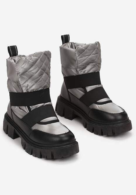 Czarno-Srebrne Śniegowce Wsuwane Pikowane Arjis