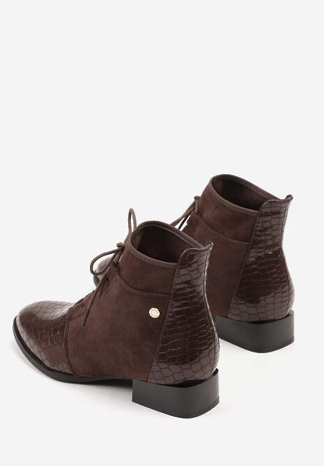 Brązowe Sznurowane Botki do Kostki Vices Zdobione Tłoczeniem Skóry Węża Wedvire