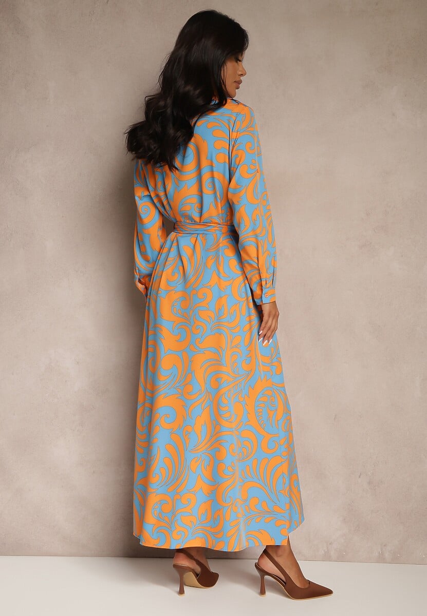 Niebiesko-Pomarańczowa Sukienka Koszulowa Maxi z Materiałowym Paskiem w Abstrakcyjny Print Lirans