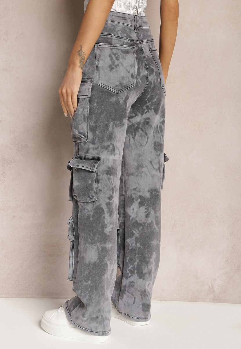 Ciemnoszare Jeansy z Szerokimi Nogawkami i Kieszeniami Cargo z Efektem Sprania Mokasia