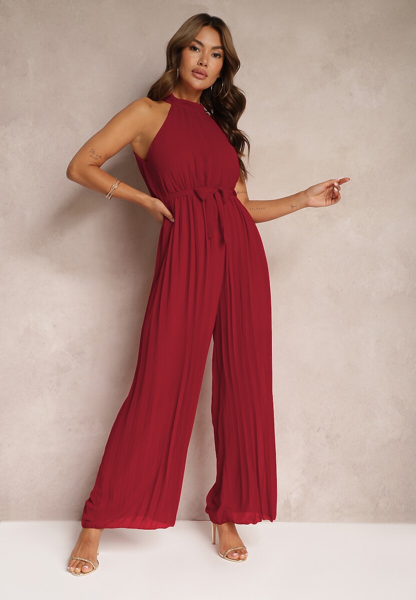 Czerwony Kombinezon z Dekoltem Typu Halter i Gumką w Talii Zolefia