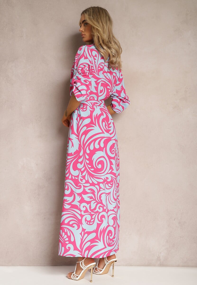 Fuksjowo-Niebieska Sukienka Koszulowa Maxi z Materiałowym Paskiem w Abstrakcyjny Print Lirans