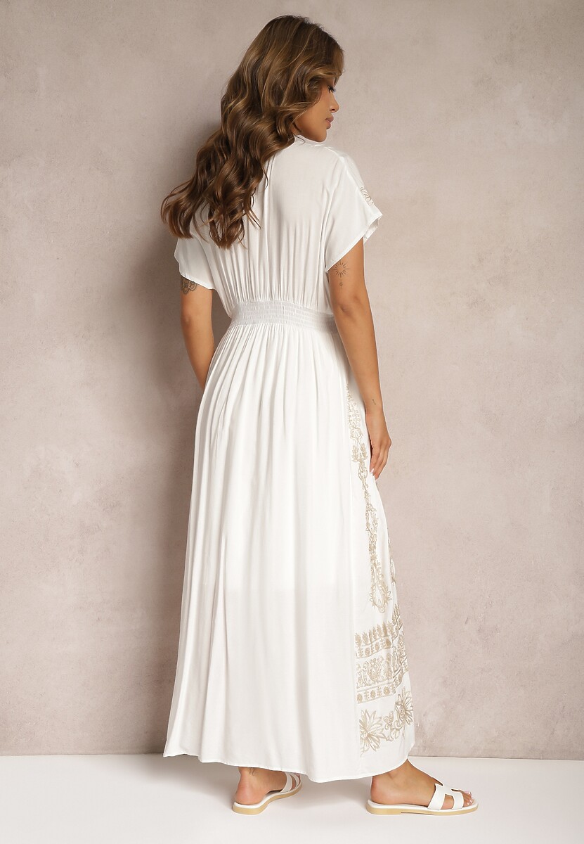 Biała Koszulowa Sukienka z Bawełną i Gumkami w Talii Zapinana na Guziki Fosofia