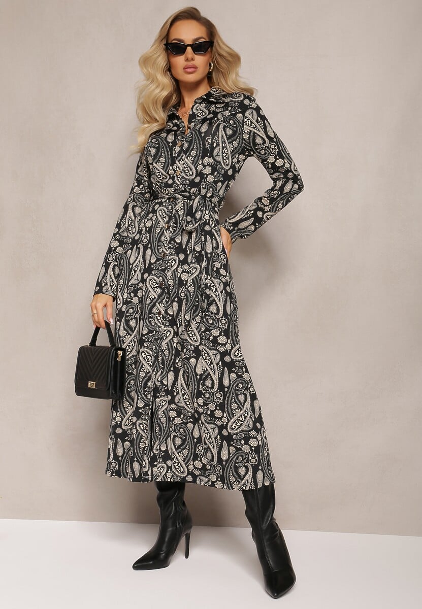 Czarna Koszulowa Sukienka Maxi we Wzór Paisley Asuve
