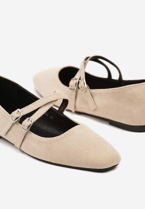 Beżowe Balerinki o Kwadratowym Nosku z Paskami i Eleganckimi Klamerkami Nailan