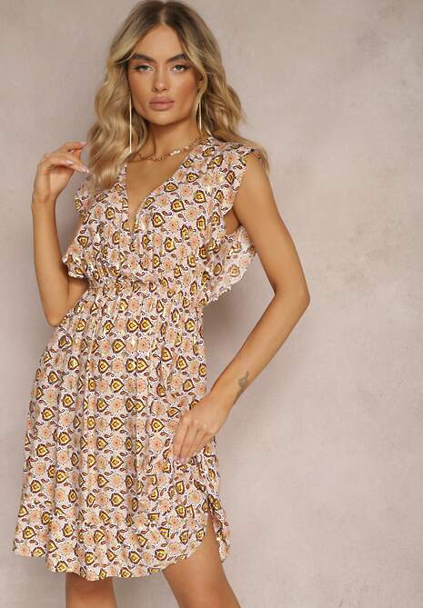 Beżowo-Żółta Sukienka z Gumką w Talii z Wiskozy w Abstrakcyjny Wzór Lianefa