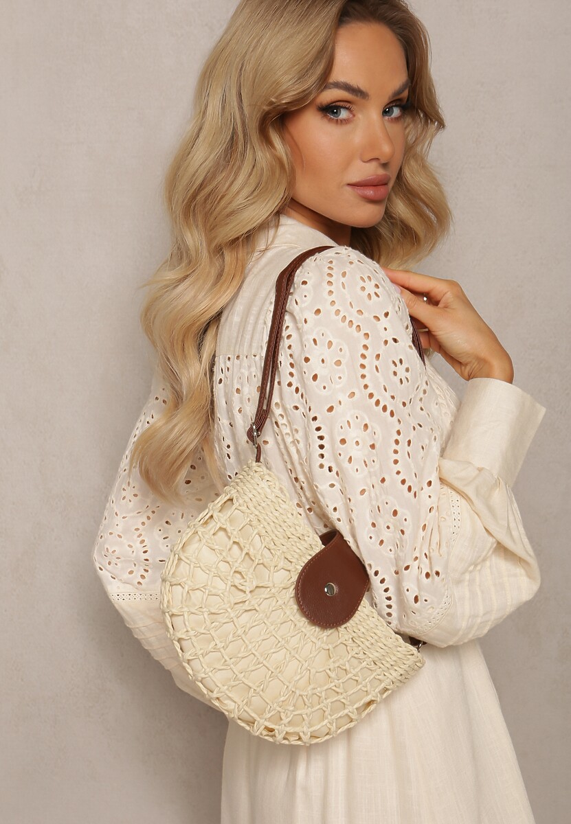 Jasnobeżowa Pleciona Torebka na Regulowanym Pasku z Zapięciem na Zatrzask i Suwak Setelia