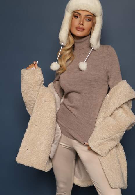 Beżowy Klasyczny Golf ze Ściągaczami przy Rękawach Felinia