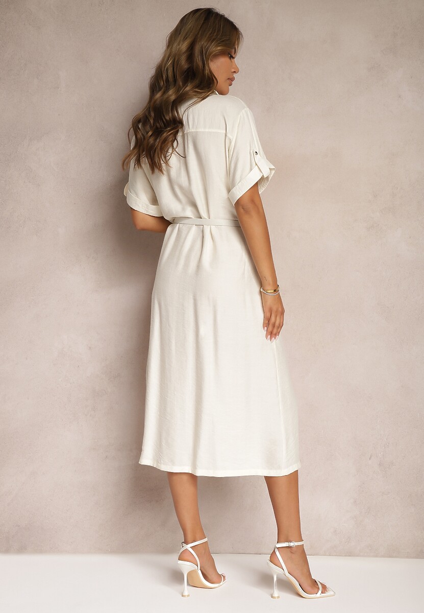 Biała Sukienka z Wiskozy o Kroju Koszulowym Ozdobiona Paskiem Nelsines