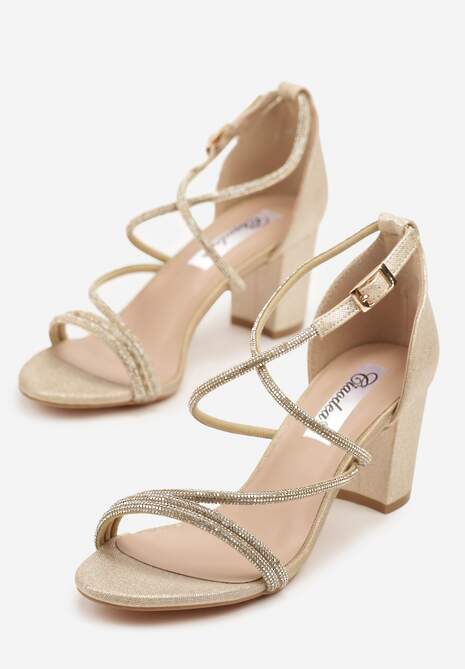 Złote Sandały na Słupku z Cyrkoniami i Brokatem Silanelle