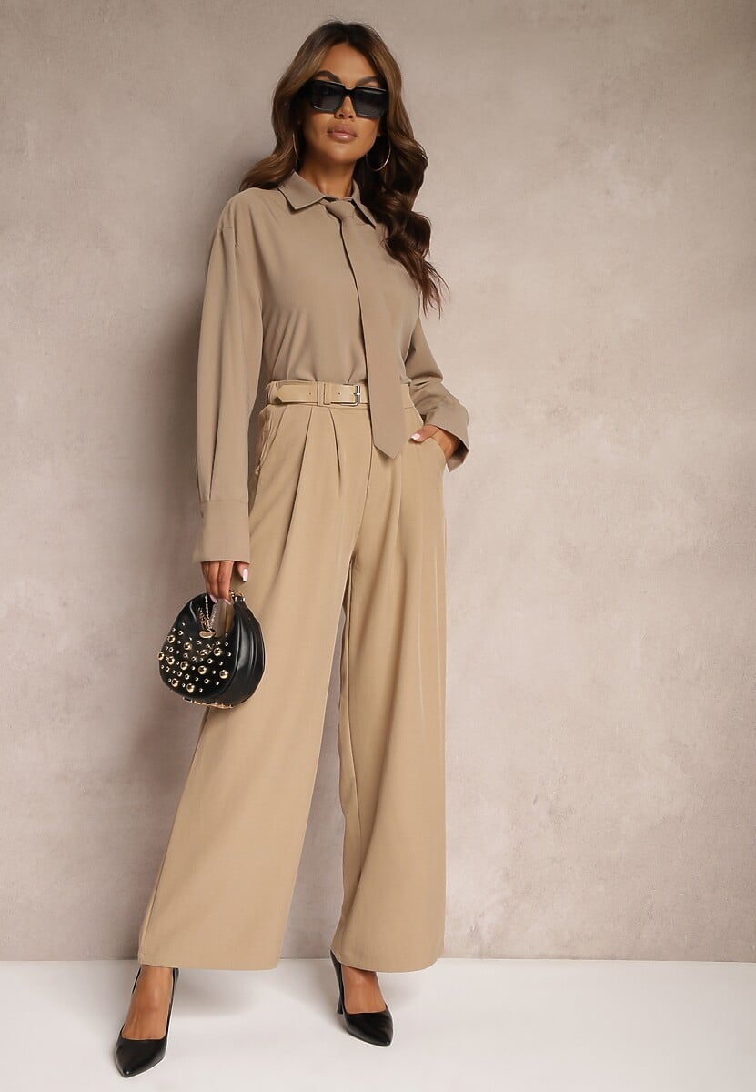 Beżowe Szerokie Garniturowe Spodnie Ozdobione Paskiem Veriette