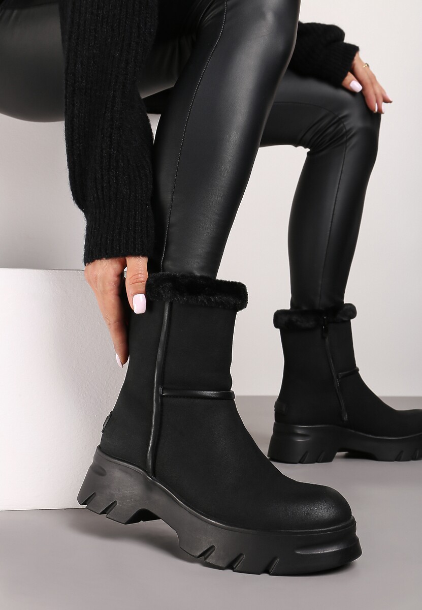 Czarne Śniegowce na Niskiej Platformie z Ozdobnym Futerkiem Revianna