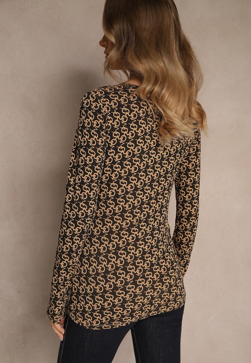 Brązowo-Czarna Bluzka Longsleeve z Bawełny Ozdobiony Literowym Wzorem Javelina