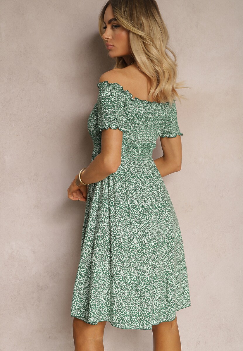 Zielona Sukienka Hiszpanka z Bawełny z Marszczonymi Gumkami i Falbanką Neasha