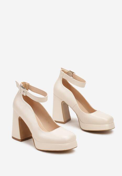 Beżowe Czółenka na Platformie i Stożkowym Słupku z Ozdobnym Paskiem Firirya