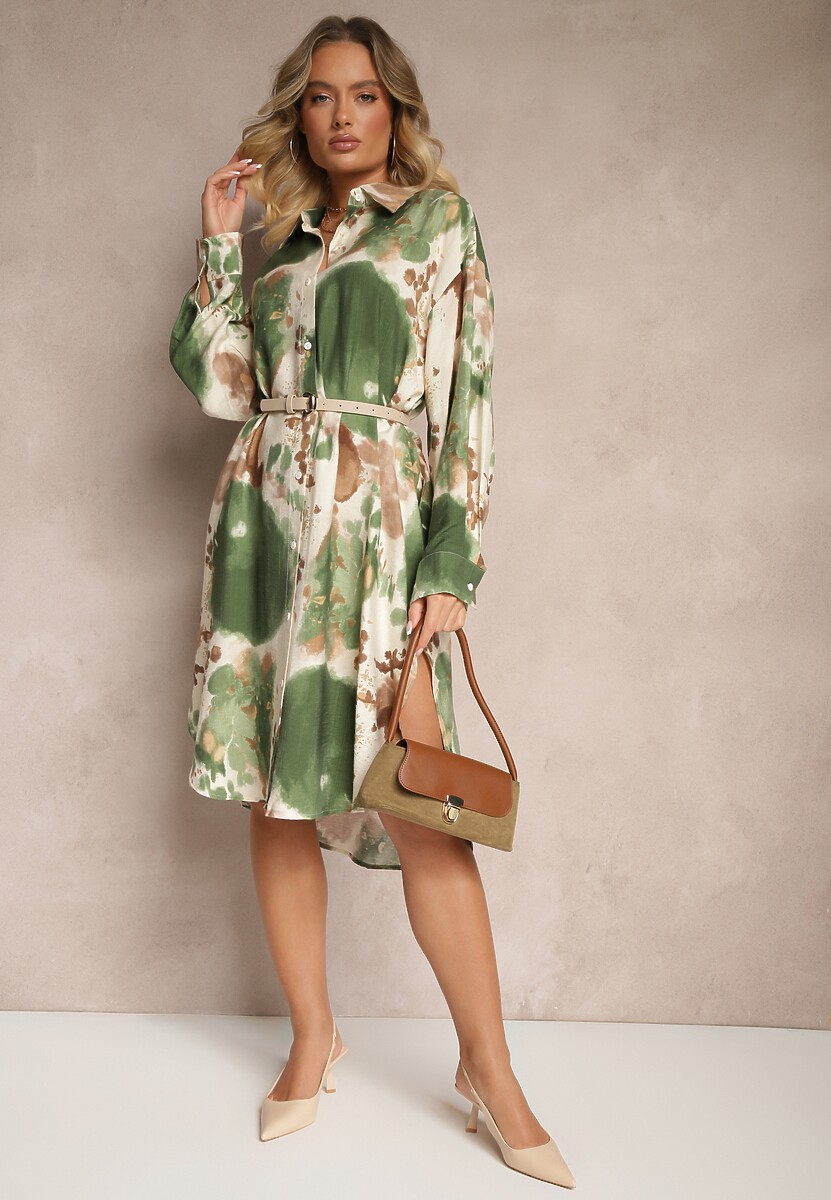 Zielona Wiskozowa Sukienka Oversize o Kroju Koszuli w Abstrakcyjny Print Gonnivae
